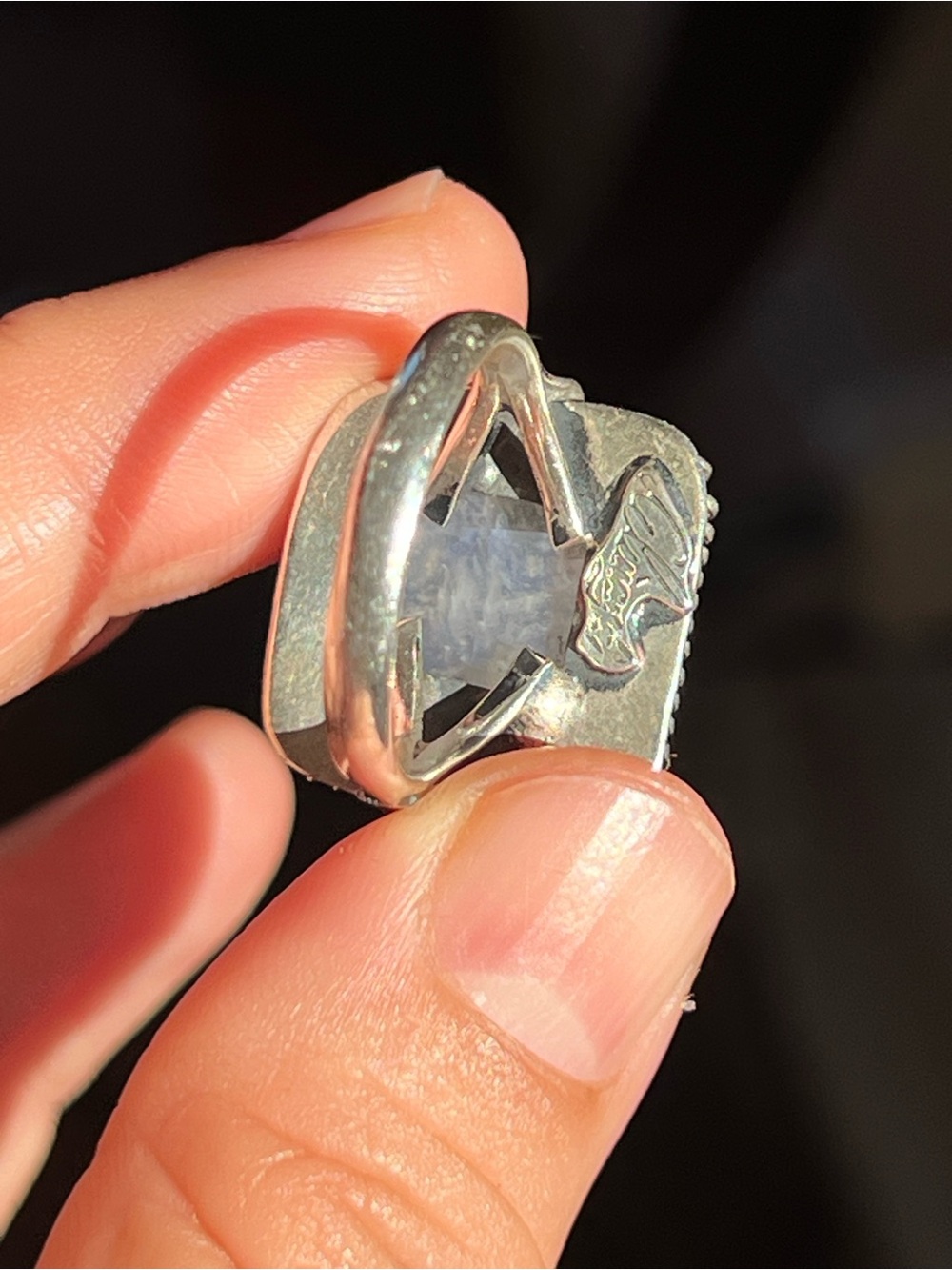 Moonstone Square Sterling Ring - Blue Flash - Picture 4 of 7